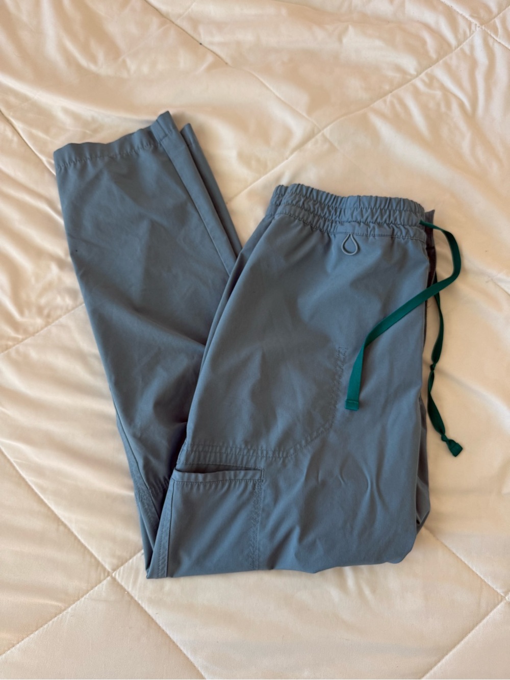 Figs Slate Blue Elastic-Waist Cargo Joggers with Green Drawstring